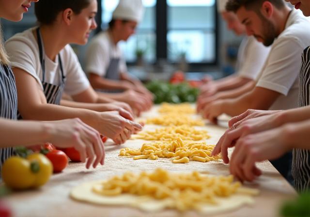Persone che preparano la pasta durante un corso di cucina.