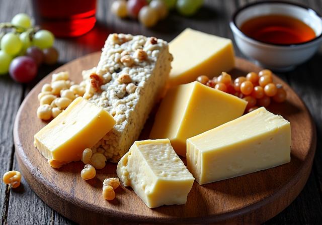 Un tagliere con vari tipi di formaggio, miele e bicchieri di vino.