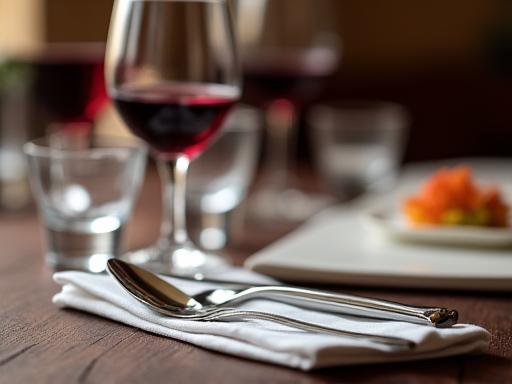 Close-up di un bicchiere di vino rosso su un tavolo elegante, con un tovagliolo di lino e posate raffinate.