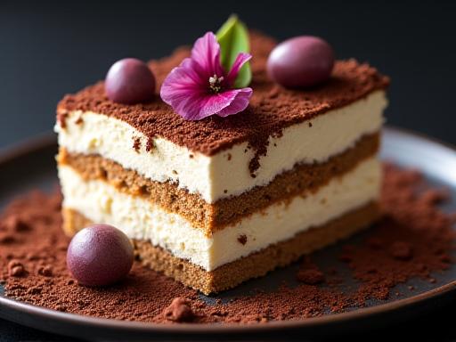 Un dessert artistico e innovativo, un tiramisù destrutturato presentato elegantemente su un piatto decorato.