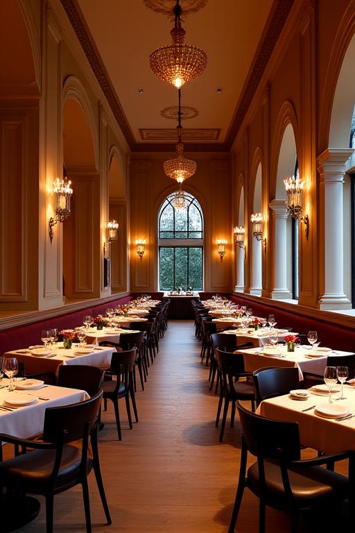 Vista ampia della sala principale del ristorante Giotto Tavola con tavoli apparecchiati e un'atmosfera calda.