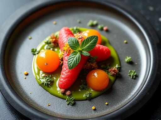 Un piatto gourmet finemente decorato dallo chef, mostrando precisione e creatività culinaria.