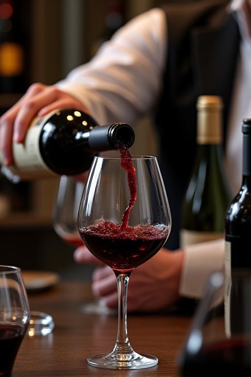 Sommelier esperto che versa con maestria del vino pregiato da una bottiglia in un decanter, in un ambiente raffinato.