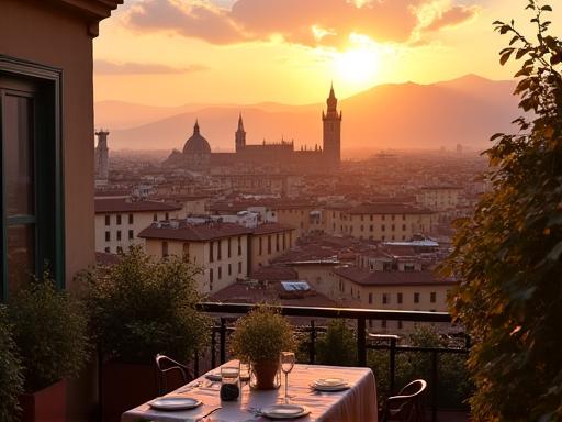 Vista incantevole dalla piccola terrazza del ristorante, che si affaccia sui tetti storici di Firenze al tramonto.