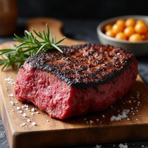 Bistecca alla Fiorentina su un tagliere di legno.