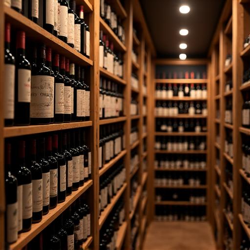 Scaffali di legno con numerose bottiglie di vino nella cantina del ristorante.