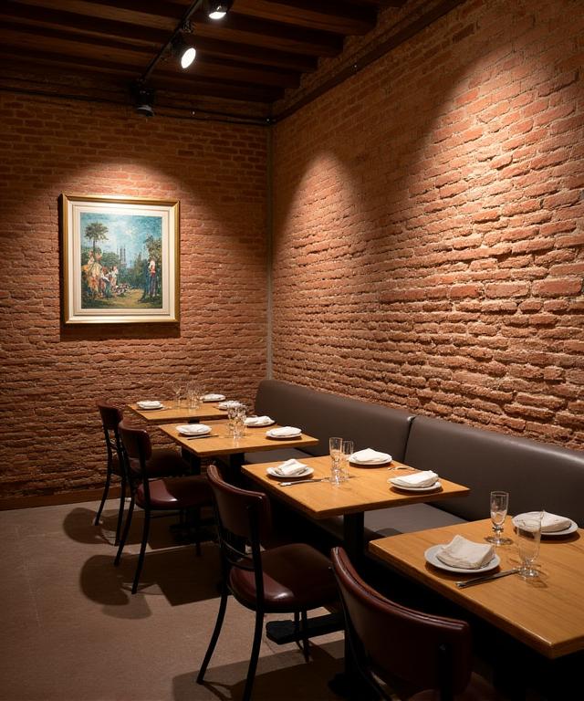 Dettaglio dell'arredamento interno del ristorante con mattoni a vista e un'opera d'arte.